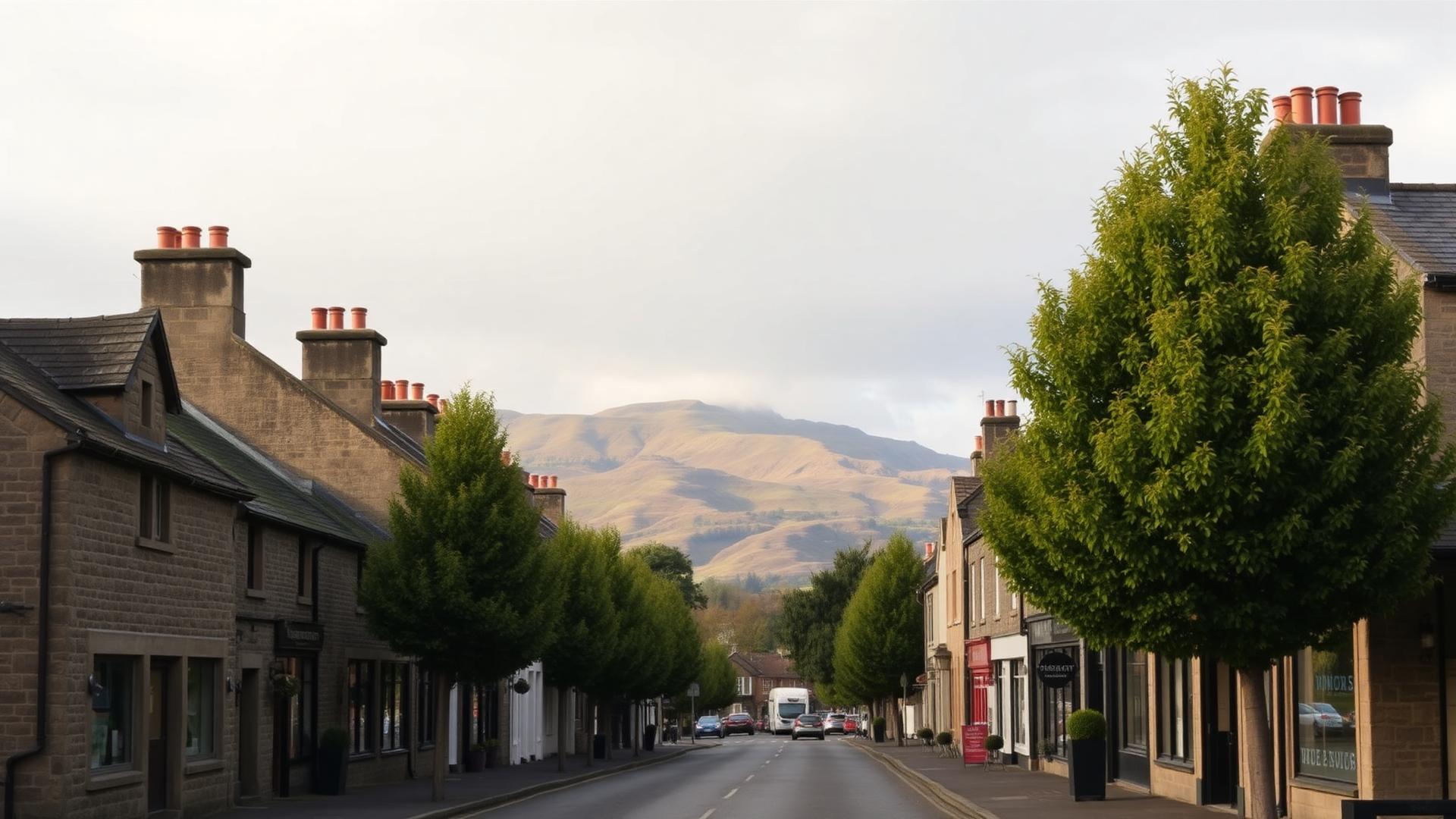 Auchterarder long high street with the Ochil Hills rising behind