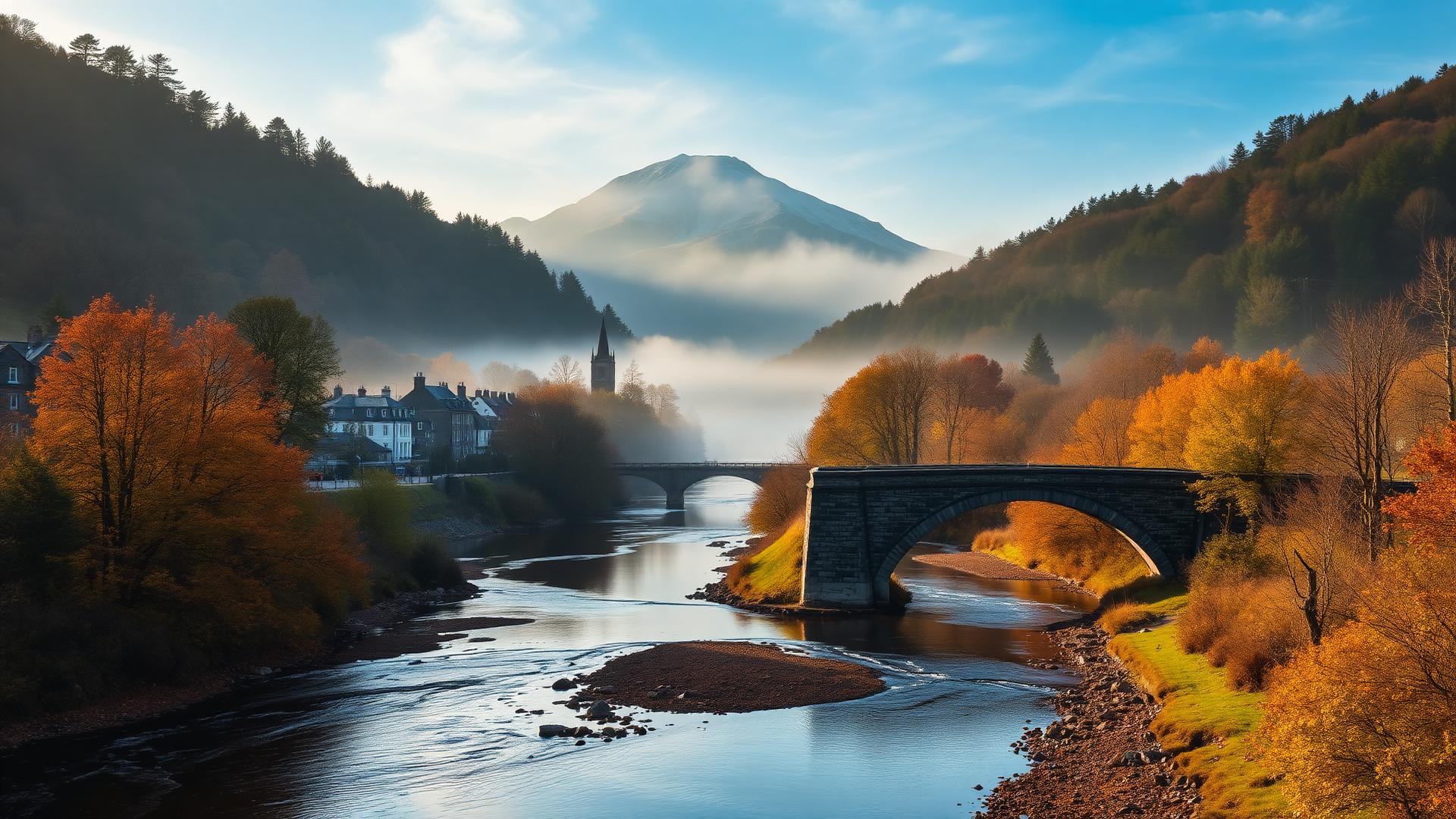 Callander stone bridge over the River Teith with Ben Ledi and Trossachs woodland