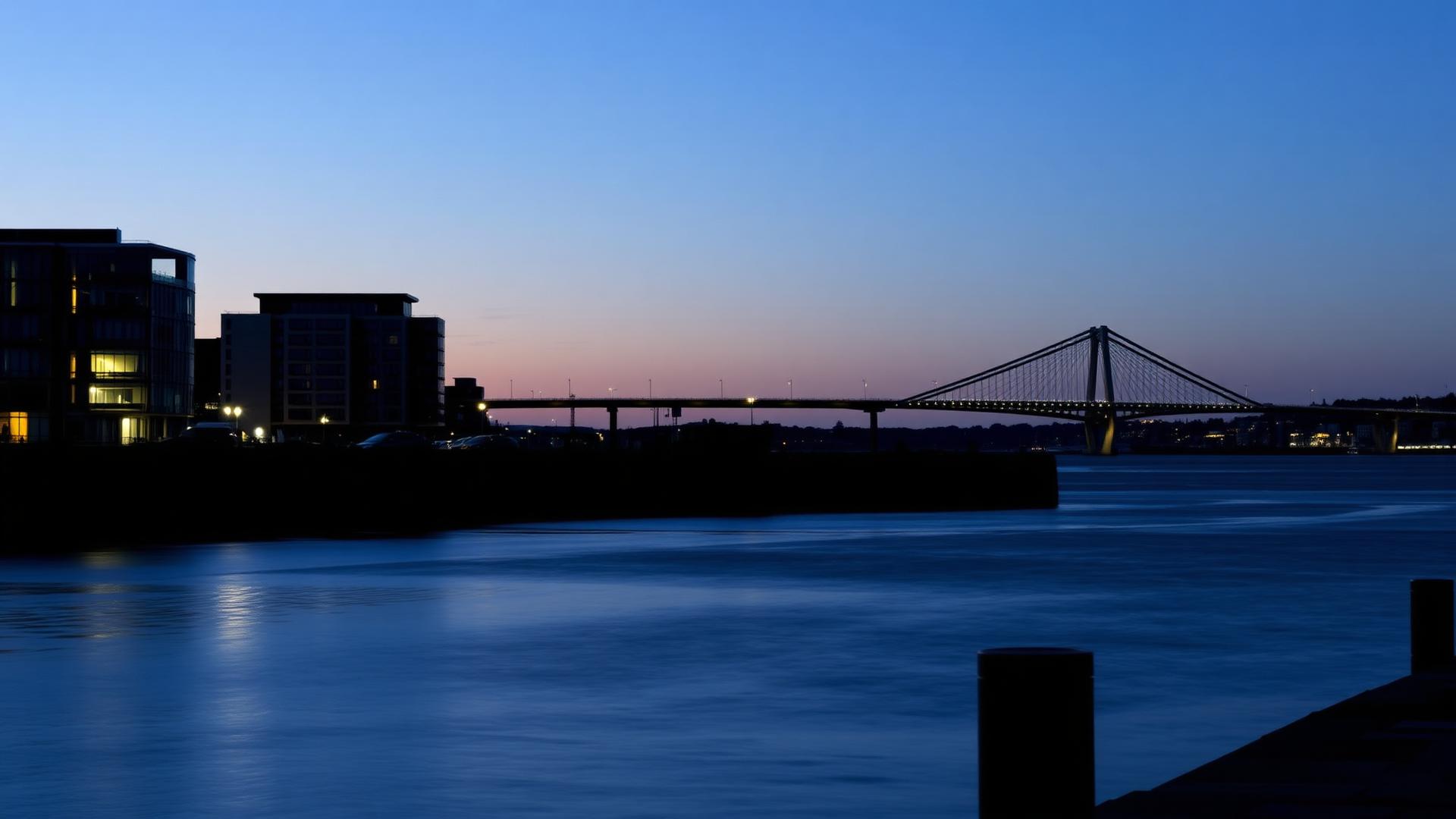 Dundee waterfront on the Firth of Tay at blue hour with the Tay Bridge in the distance