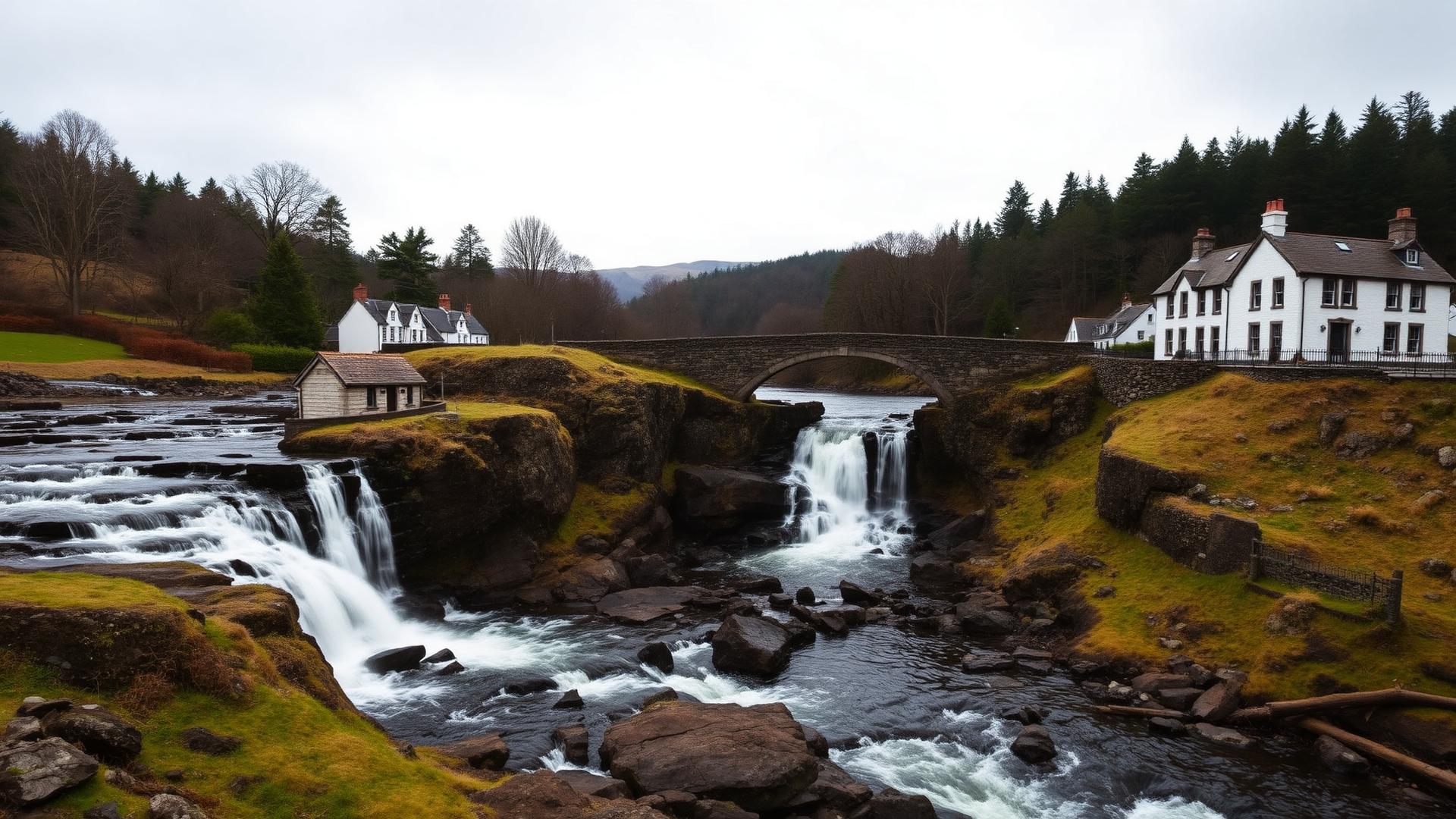 Falls of Dochart cascading through Killin village with the stone bridge and Highland cottages