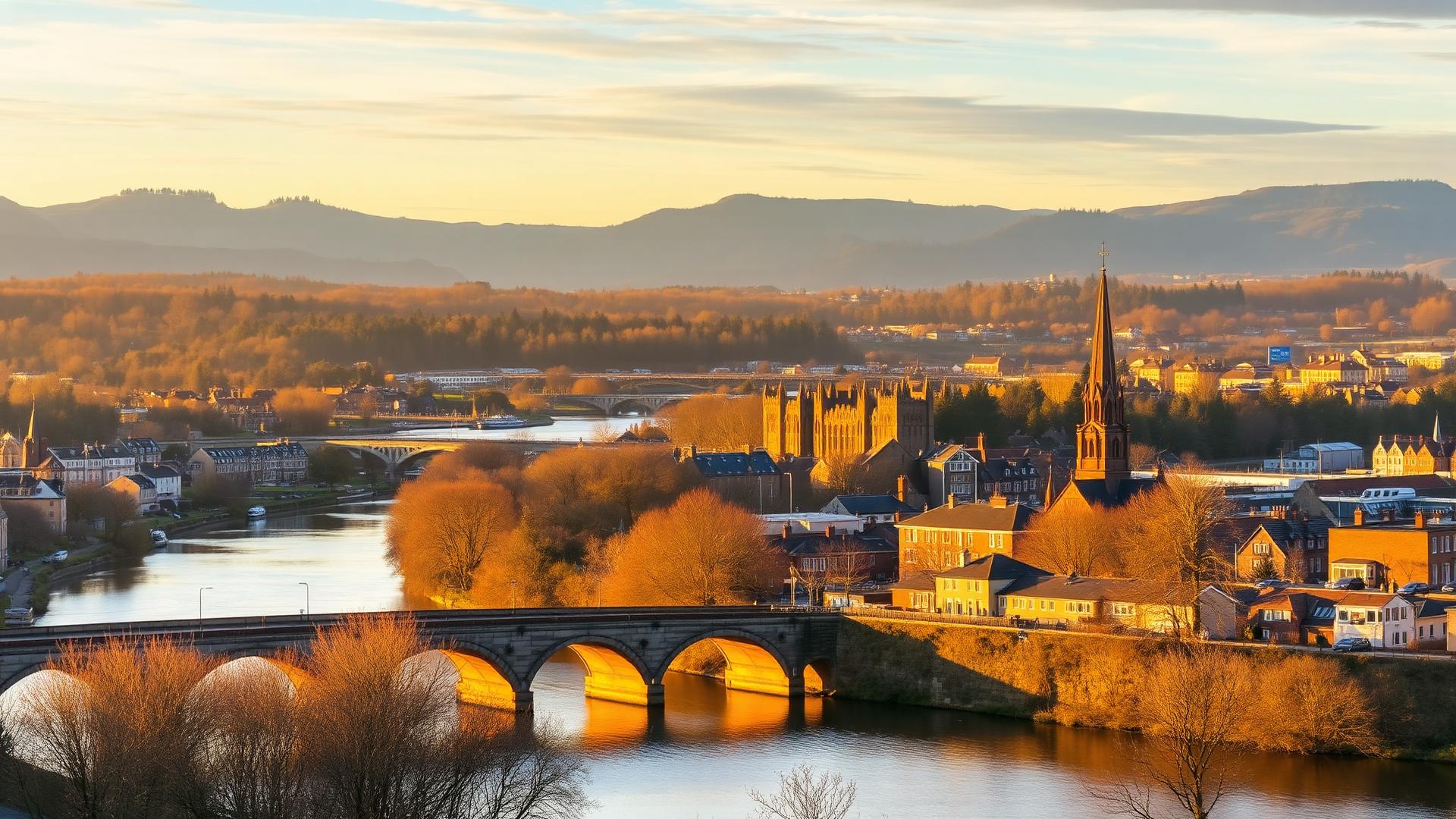 Perth city on the River Tay with stone bridge and Perthshire hills beyond